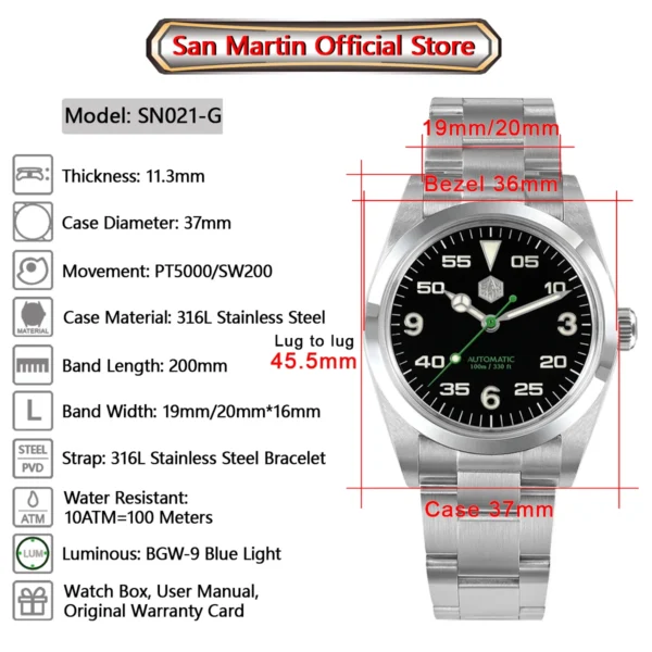 San Martin 2023 New AK Men's Mechanical Watches Luxury Automatic Watch Men Pilot Chronograph PT5000 AR Sapphire Glass Clock Man - Image 5