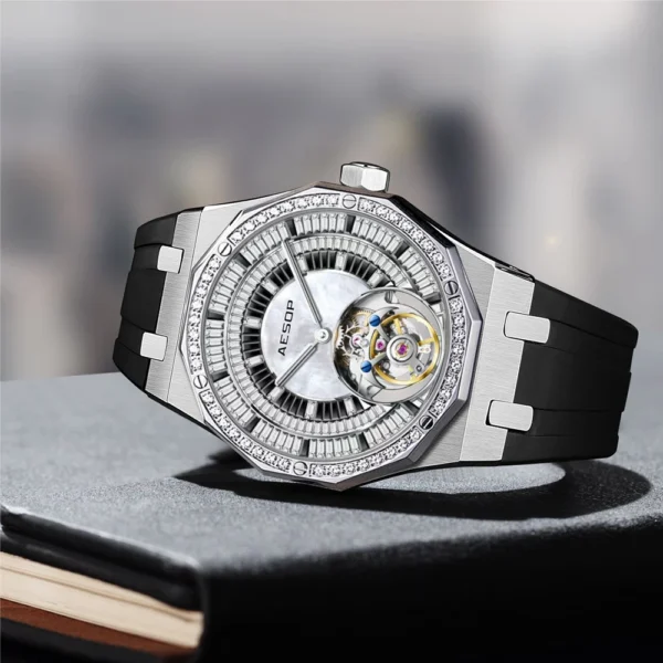 AESOP Automatic Tourbillon Mechanical Skeleton Watch For Man Watches Waterproof Wristwatches Sapphire Mirror Diamond luxury new - Image 6