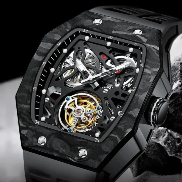 AESOP Men's Luminous Skeleton Mechanical Watch, Bucket shaped Sapphire Crystal Bracelet, Tourbillon UHR