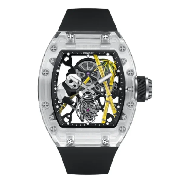 CRONUSART Men Tourbillon Watch 50mm*42mm Tonneau Sapphire Case Mechanical Wristwatch Fluororubber Strap Hollow Out Panda Dial